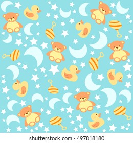 Background with baby toys. Pattern baby items