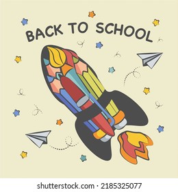 background back to school composition from a rocket from pencils