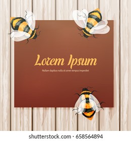 Background (backdrop) card (invitation) template (mockup). Paper on a wooden desk with bees (bumblebees) in soft pleasant colors