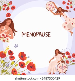 Fondo, telón de fondo con un campo de amapolas. Las amapolas como símbolo de la menstruación. Día Mundial de la Menopausia. Ginecología. La salud de las mujeres. Una mujer con un reloj en forma de útero. 