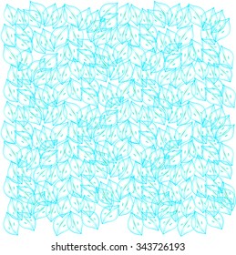 Background, backdrop, poster with many simple, blue, white leaves with water drops