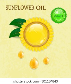 Background, backdrop, poster with sunflower with green leaves, golden, oil drops, budge with text, beige background