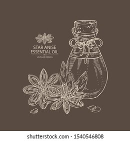 Background with badyan, star anise and bottle of patchouli essential oil. Cosmetic, perfumery and medical plant. Vector hand drawn illustration.