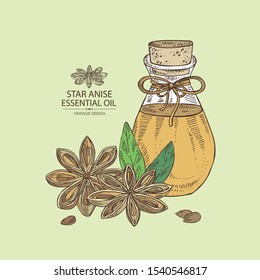 Background with badyan, star anise and bottle of patchouli essential oil. Cosmetic, perfumery and medical plant. Vector hand drawn illustration.