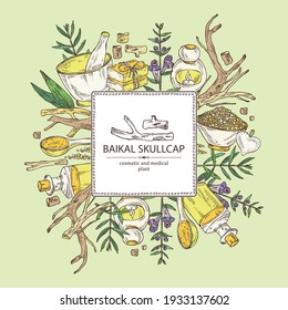 Background with baikal skullcap: baikal skullcap flowering branch and root, soap and bath salt . Cosmetic and medical plant. Vector hand drawn illustration. 