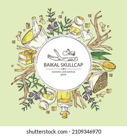 Background with baikal skullcap: baikal skullcap flowering branch and root, soap and bath salt . Cosmetic and medical plant. Vector hand drawn illustration. 