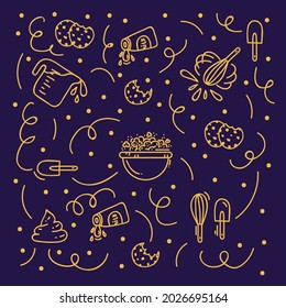 Background of a baker and ingredients for cooking. A pattern for kitchen textiles or for the chef with kitchen utensils and food. Linear vector doodle background. Vector illustration