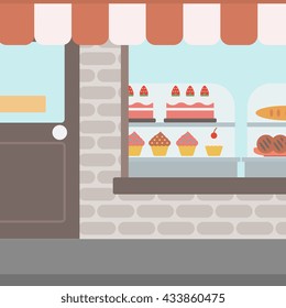 Antecedentes de la panadería. Ventana de visualización de la panadería con una variedad de pasteles. Panadería llena de panes y pasteles ilustraciones de diseño plana vectorial. Diseño cuadrado.