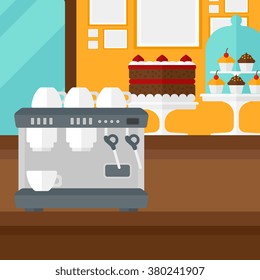 Background of bakery with pastry and coffee maker.