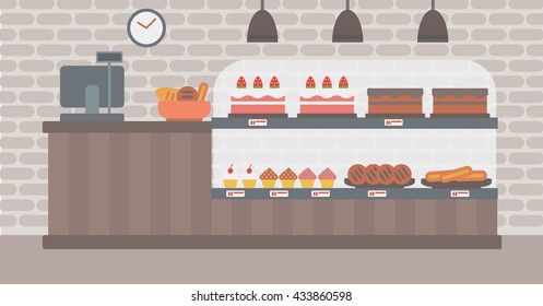 Background of bakery. Bakery shop interior. Bakery counter full of bread and pastries vector flat design illustration. Horizontal layout.