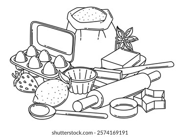 Background with bakery utensils. Cooking tools for home and recipe items.