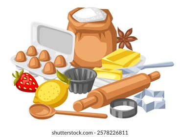 Background with bakery utensils. Cooking tools for home and recipe items.