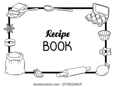 Background with bakery utensils. Cooking tools for home and recipe items.