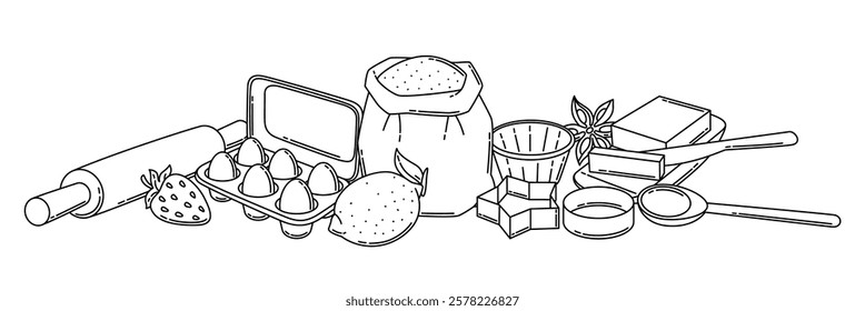 Background with bakery utensils. Cooking tools for home and recipe items.