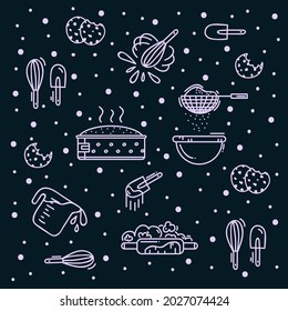 Background of baking ingredients for the baker. A pattern for kitchen textiles with products, food. Linear vector doodle background. Vector illustration