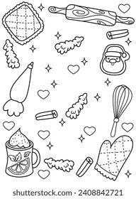 Background with baking, rolling pin, tack, Christmas sweets, gingerbread. Background, coloring page. Black and white vector illustration.