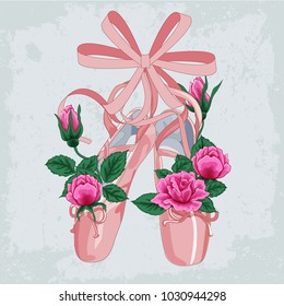 Background with ballet slippers and space for your text. Vector Illustration of ballet slippers with roses