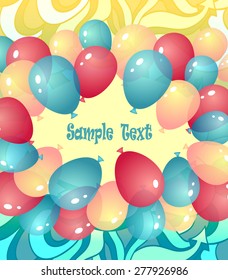 Background from balloons and abstract drawing  in blue red yellow colors or template invitation or congratulation holidays such as birthday  or anniversary or shop opening