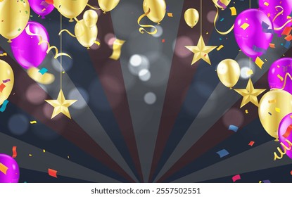 Background with balloons, confetti and ribbons. Vector illustration.