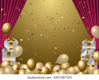 Fondo con globos, cortinas y cajas de regalo