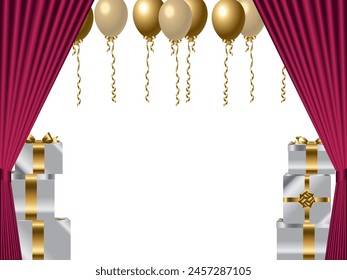 Hintergrund mit Luftballons, Vorhängen und Geschenkboxen
