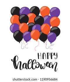 Background with Balloons Decorations. Vector Illustration with lettering text Happy Halloween. Party Invitation Concept in Traditional Violet, Orange and Black Colors. Trick or Treat card.