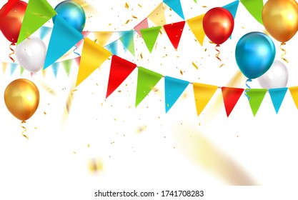 Fondo con globos y banderas, confeti brillante. Ilustración vectorial. Etiqueta del evento de marketing. Plantilla de banner de anuncios.
