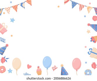 Background with balloons, garlands, cakes and a copy space in the center. Flat vector illustration, template, frame.
