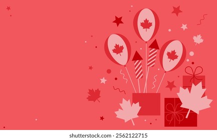Background with balloons in national colors of the Canada. Vector card for Canada Day. Red and white balloons with maple leaves, gift boxes. Happy Canada Day. Canadian design. Holiday celebration