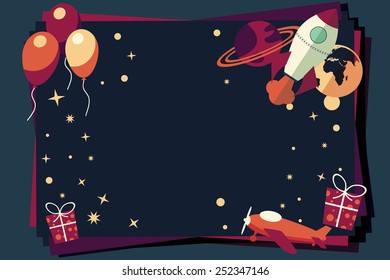 Background with balloons, presents, rocket ship and planets, vector illustration