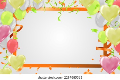 Background with balloons, ribbons and confetti. Vector illustration.