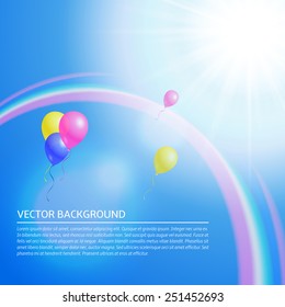 Background with balloons in the sun sky rainbow