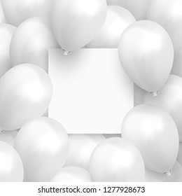 Globos de fondo. Cartel de plantilla con una hoja de papel limpia. Baluón de diseño de celebración realista.