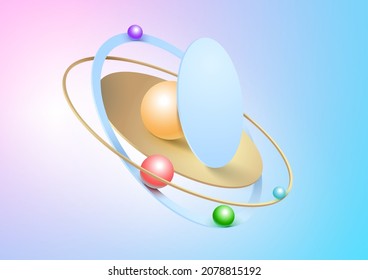 Background balls roll in a gold rinds and circles 3d perspective geometric shape vector
