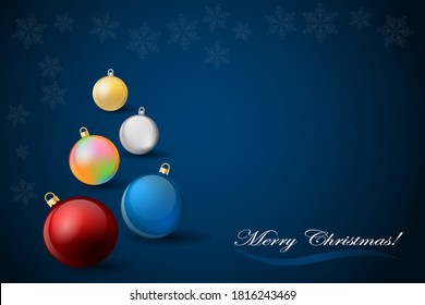 Background with balls shaped as christmas tree and with snowflakes