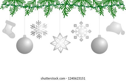 Background with balls, stars and snowflake. Branches christmas tree with holiday lights. Merry Christmas and Happy New Year.