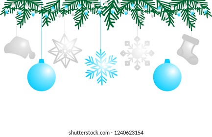 Background with balls, stars and snowflake. Branches christmas tree with holiday lights. Merry Christmas and Happy New Year.