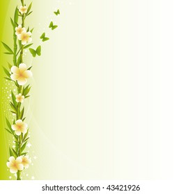 Background with bamboo branches, plumerias and butterflies.