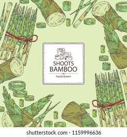 Background with bamboo shoots: young bamboo shoot and piece of shoot. Vector hand drawn illustration. 