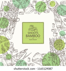 Background with bamboo shoots: young bamboo shoot and piece of shoot. Vector hand drawn illustration. 