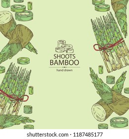 Background with bamboo shoots: young bamboo shoot and piece of shoot. Vector hand drawn illustration. 