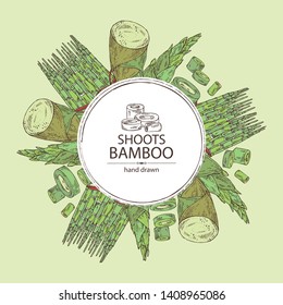 Background with bamboo shoots: young bamboo shoot and piece of shoot. Vector hand drawn illustration.