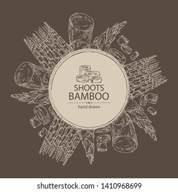 Background with bamboo shoots: young bamboo shoot and piece of shoot. Vector hand drawn illustration.