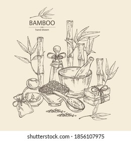 Background with bamboo: bamboo stalk and leaves, soap and bath salt . Cosmetic and medical plant. Vector hand drawn illustration. 