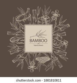 Background with bamboo: bamboo stalk and leaves, soap and bath salt . Cosmetic and medical plant. Vector hand drawn illustration. 