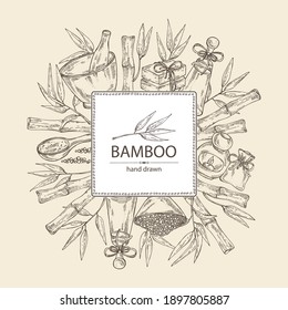 Antecedentes con bambú: tallo de bambú y hojas, jabón y sal de baño. Planta cosmética y médica. Ilustración dibujada a mano por vectores. 