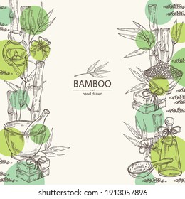 Background with bamboo: bamboo stalk and leaves, soap and bath salt . Cosmetic and medical plant. Vector hand drawn illustration. 