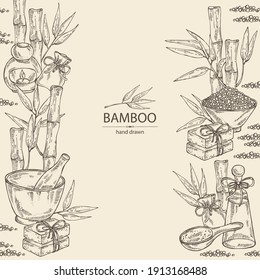 Antecedentes con bambú: tallo de bambú y hojas, jabón y sal de baño. Planta cosmética y médica. Ilustración dibujada a mano por vectores. 