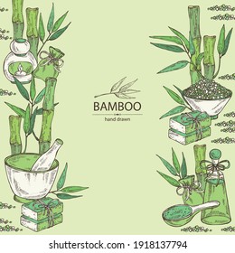 Background with bamboo: bamboo stalk and leaves, soap and bath salt . Cosmetic and medical plant. Vector hand drawn illustration. 