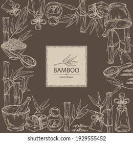 Background with bamboo: bamboo stalk and leaves, soap and bath salt . Cosmetic and medical plant. Vector hand drawn illustration. 